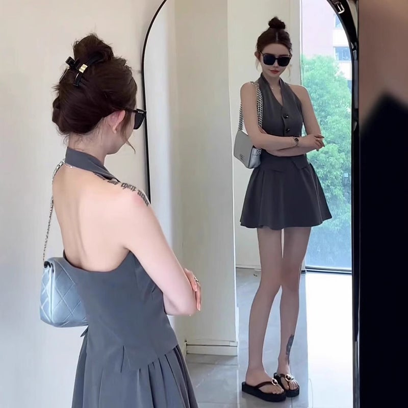 Black Halterneck V Neck Suit Vest Design Short Backless Classy Elegant Top Outer Wear Small Waistcoat - Image 4
