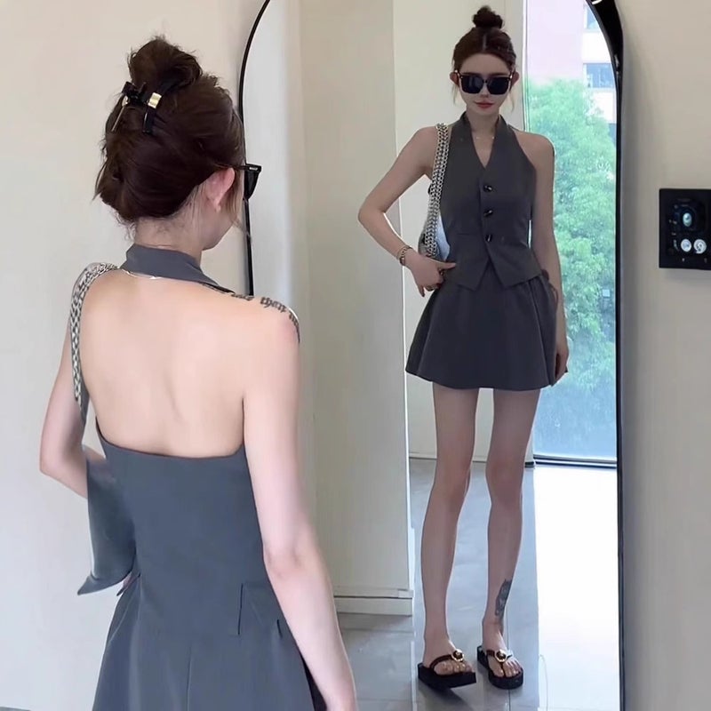 Black Halterneck V Neck Suit Vest Design Short Backless Classy Elegant Top Outer Wear Small Waistcoat - Image 3