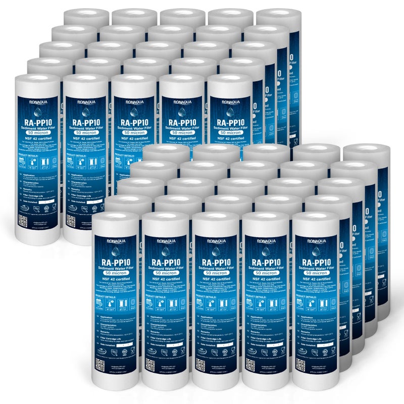 Ronaqua Ronaqua 50 Micron Sediment Water Filter Cartridge 10x25 NSF Certified 4Layer Filtration for any 10inch RO Units  Whole House Systems Compatible with Culligan P5 AP110 WHKFGD05 50 Pack 