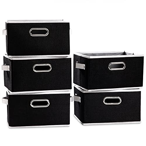PRANDOM Fodable Storage Baskets for Closet [5-pack] Decorative Fabric Storage Bins Cubes with Leather/Metal Handles for Shelves Bedroom Living Room Black (11.5x8.5x6.7 Inch) - Image 1