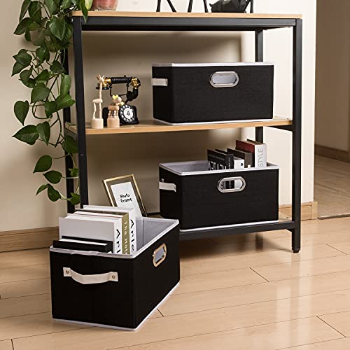 PRANDOM Fodable Storage Baskets for Closet [5-pack] Decorative Fabric Storage Bins Cubes with Leather/Metal Handles for Shelves Bedroom Living Room Black (11.5x8.5x6.7 Inch) - Image 3