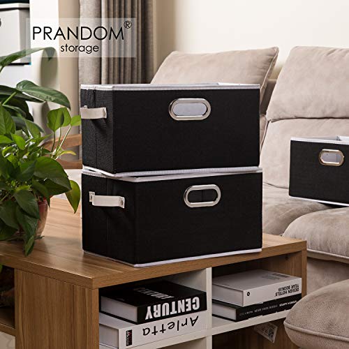 PRANDOM Fodable Storage Baskets for Closet [5-pack] Decorative Fabric Storage Bins Cubes with Leather/Metal Handles for Shelves Bedroom Living Room Black (11.5x8.5x6.7 Inch) - Image 2
