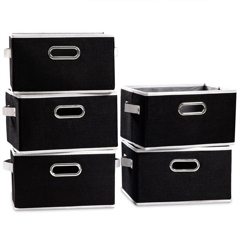 PRANDOM Fodable Storage Baskets for Closet [5-pack] Decorative Fabric Storage Bins Cubes with Leather/Metal Handles for Shelves Bedroom Living Room Black (11.5x8.5x6.7 Inch) - Image 4