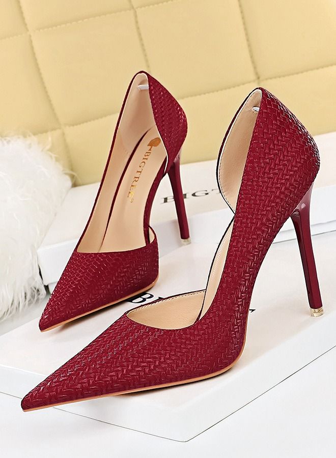BIGTREE Pointed Snakeskin Side Cut-Out High Heels 10.5CM Red