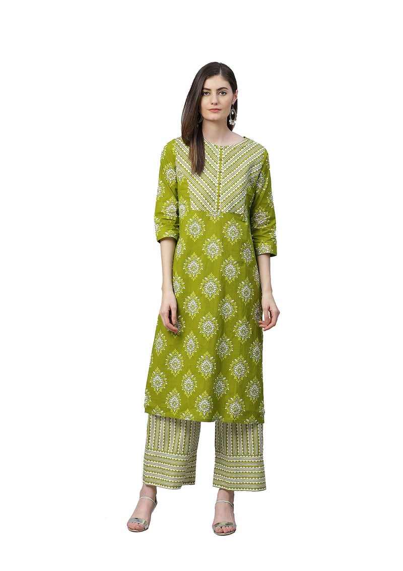 Yash Gallery Women's Cotton Floral Printed Straight Kurta Palazzo Set for Women (1277YKGREEN_Green_Large) - Image 1