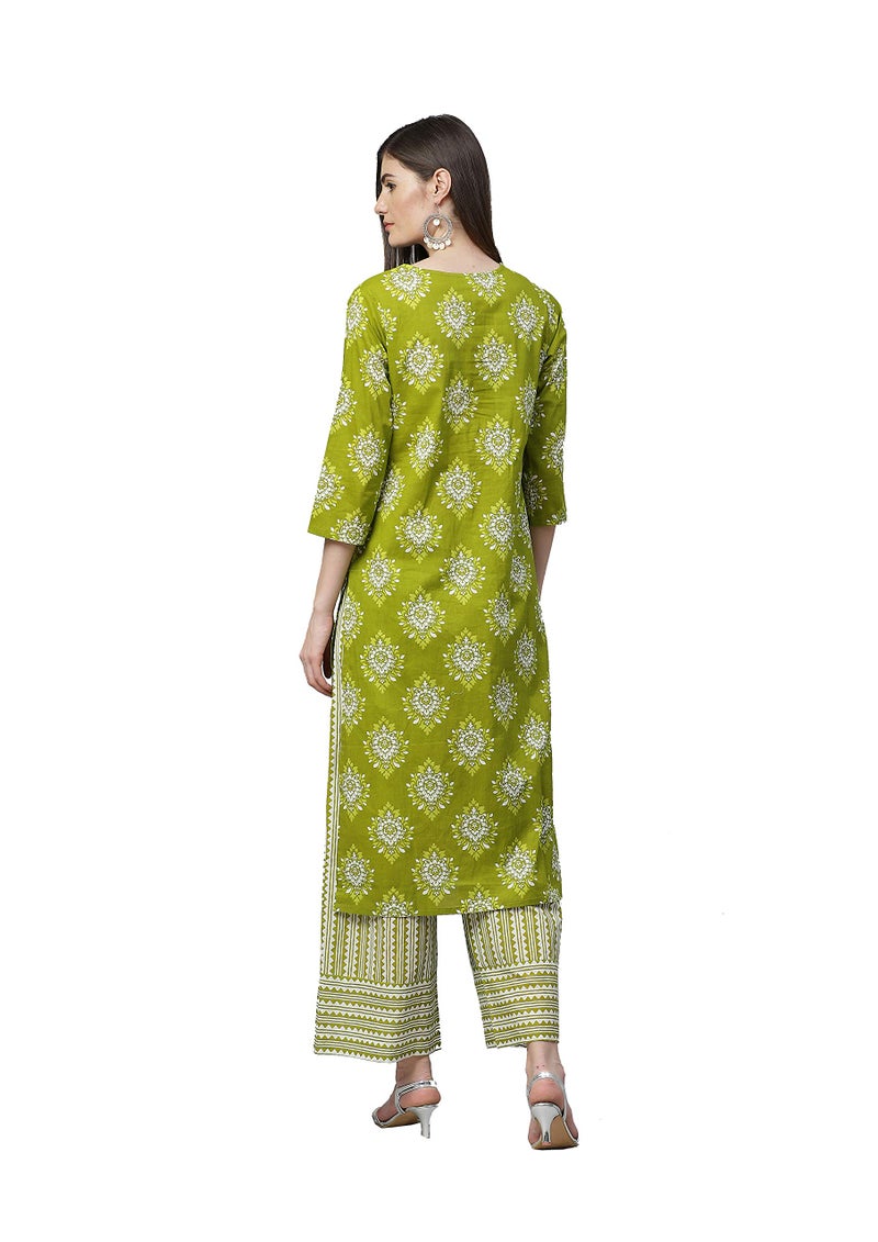 Yash Gallery Women's Cotton Floral Printed Straight Kurta Palazzo Set for Women (1277YKGREEN_Green_Large) - Image 4