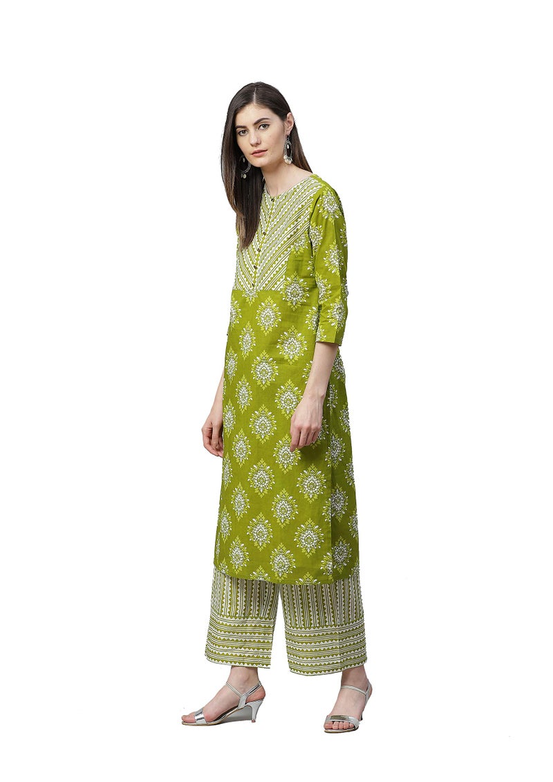 Yash Gallery Women's Cotton Floral Printed Straight Kurta Palazzo Set for Women (1277YKGREEN_Green_Large) - Image 3