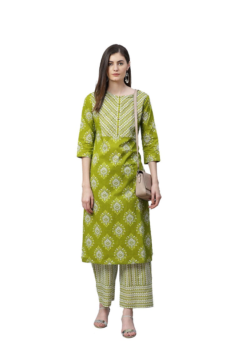 Yash Gallery Women's Cotton Floral Printed Straight Kurta Palazzo Set for Women (1277YKGREEN_Green_Large) - Image 2
