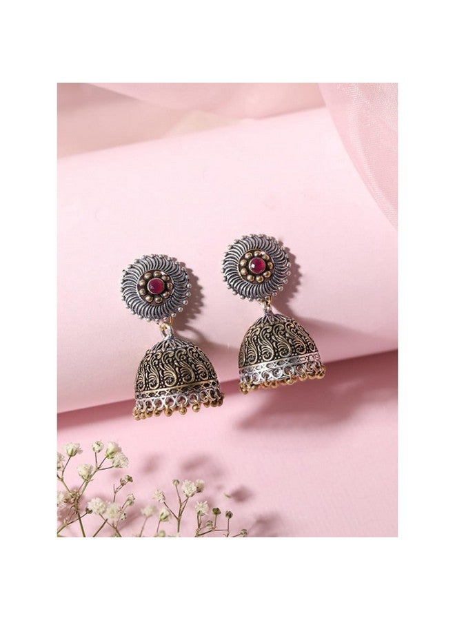 Rubans Silver-Plated Gold-Toned Handcrafted Oxidised Dome Shaped Jhumkas For Women - Image 2