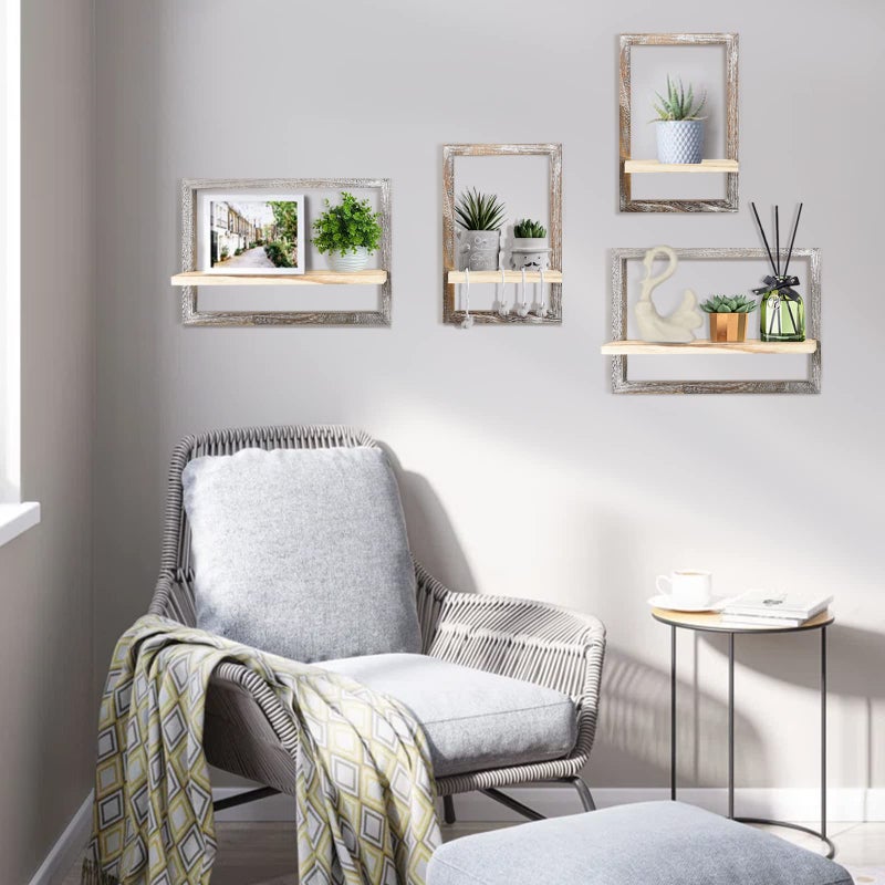 idee-home Floating Shelves for Wall, Rustic Square Hanging Floating Shelves Set of 4 Wood, Wall Decor Mounted Bathroom, Living Room, Kitchen Storage - Image 4