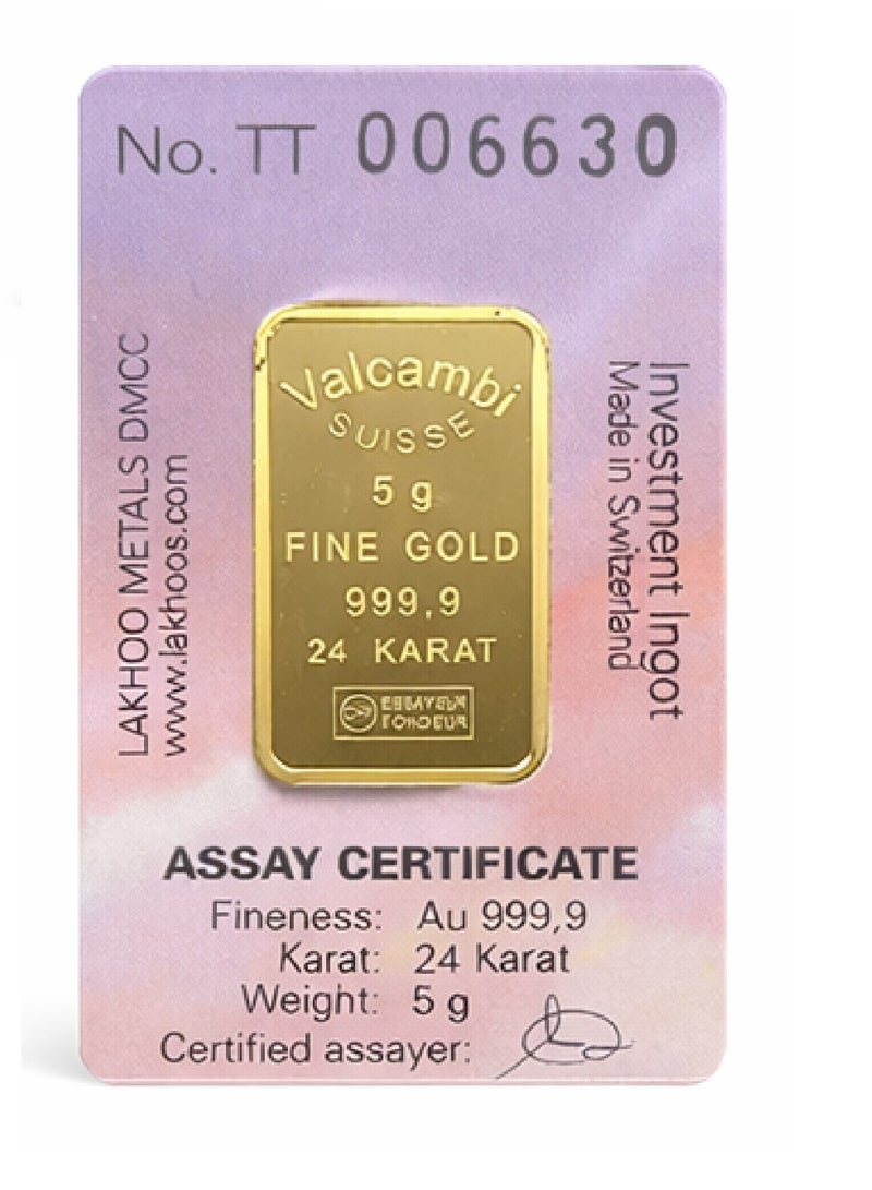 valcambi Guru Jewellers Valcambi Suisse 24K Gold Bar 5g 999.9 Purity Swiss Design - Image 2