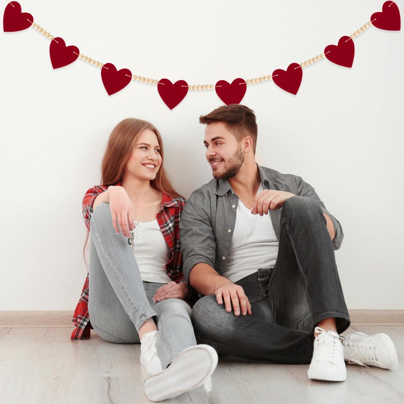 LIGHOON Valentines Decorations Felt Hearts Banner Garlands with Wood Beads Happy Valentines Day Banner for Home Mantel Wedding, Anniversary Party Supplies (Red) - Image 4