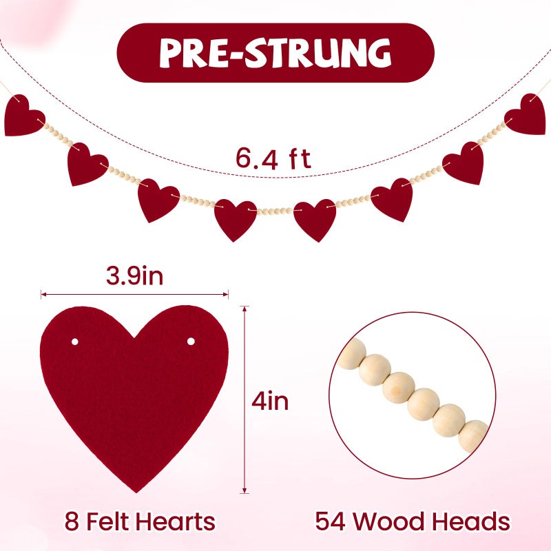 LIGHOON Valentines Decorations Felt Hearts Banner Garlands with Wood Beads Happy Valentines Day Banner for Home Mantel Wedding, Anniversary Party Supplies (Red) - Image 2