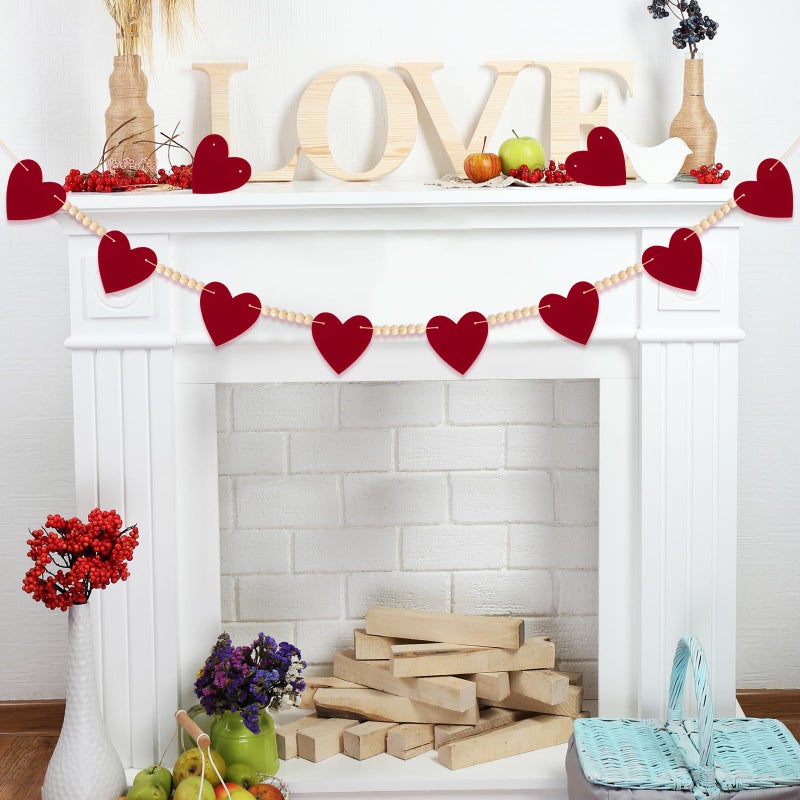 LIGHOON Valentines Decorations Felt Hearts Banner Garlands with Wood Beads Happy Valentines Day Banner for Home Mantel Wedding, Anniversary Party Supplies (Red) - Image 1