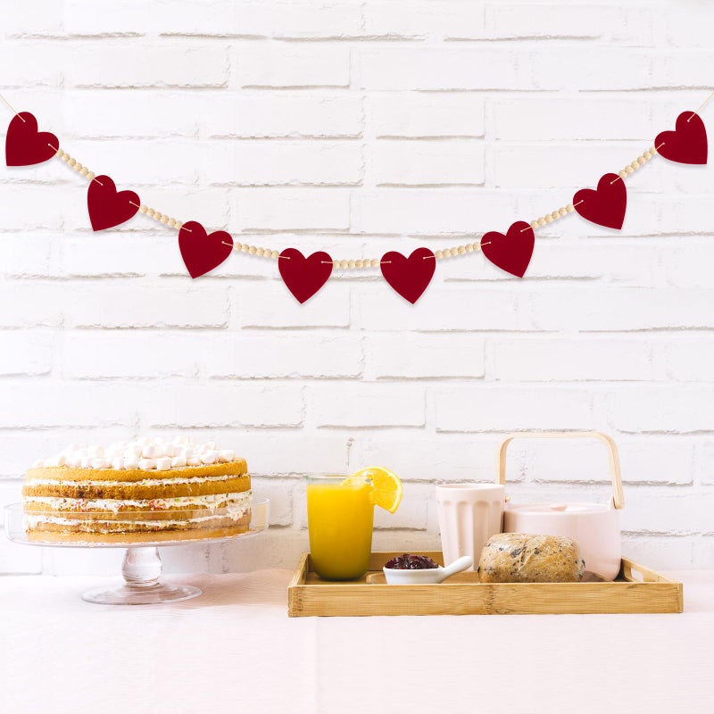 LIGHOON Valentines Decorations Felt Hearts Banner Garlands with Wood Beads Happy Valentines Day Banner for Home Mantel Wedding, Anniversary Party Supplies (Red) - Image 3