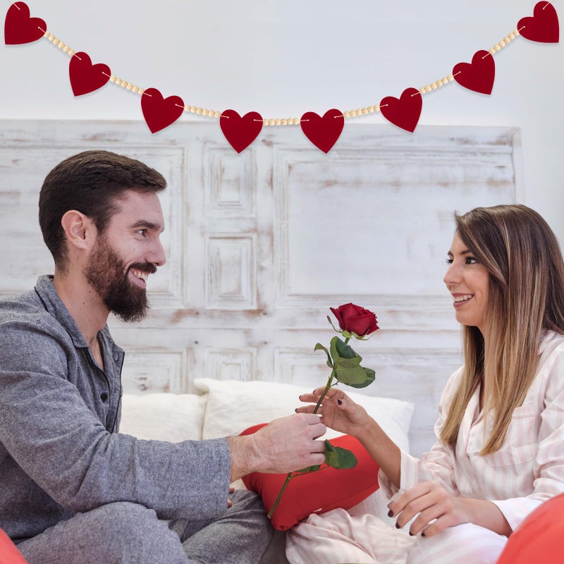 LIGHOON Valentines Decorations Felt Hearts Banner Garlands with Wood Beads Happy Valentines Day Banner for Home Mantel Wedding, Anniversary Party Supplies (Red) - Image 5