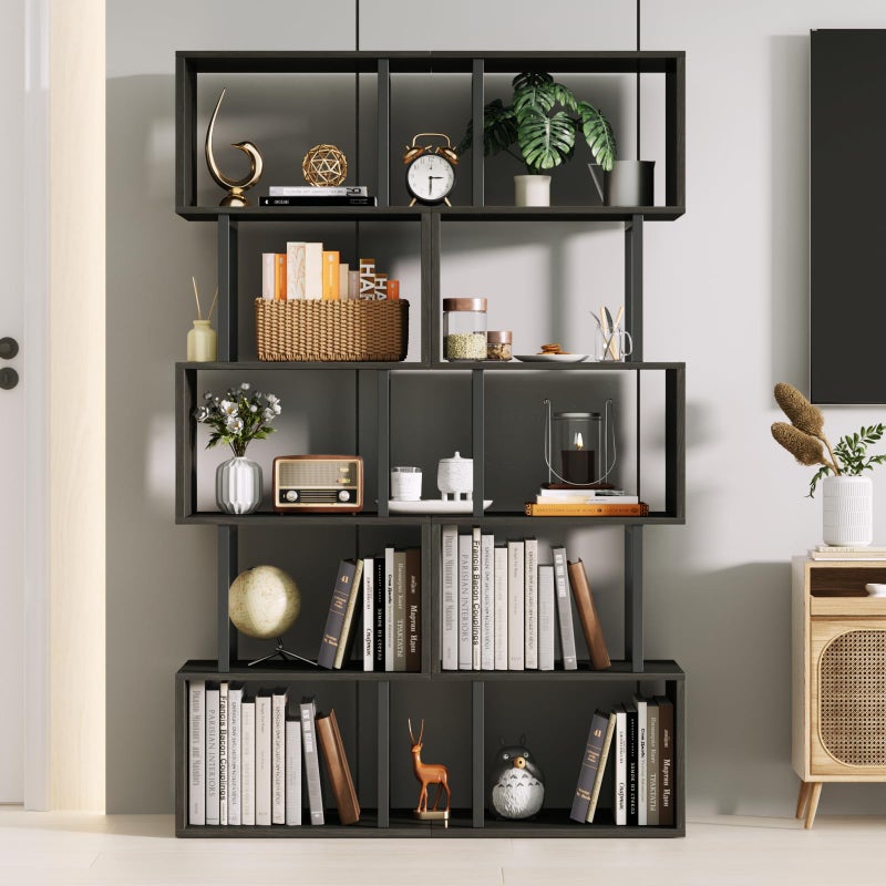 Furologee 6 Tier Bookshelf Tall Geometric Bookcase, S Shaped Industrial Display Standing Shelf, Metal and Wood Decorative Storage Room Divider Rack for Bedroom, Living Room, Office, Light Black Oak - Image 5