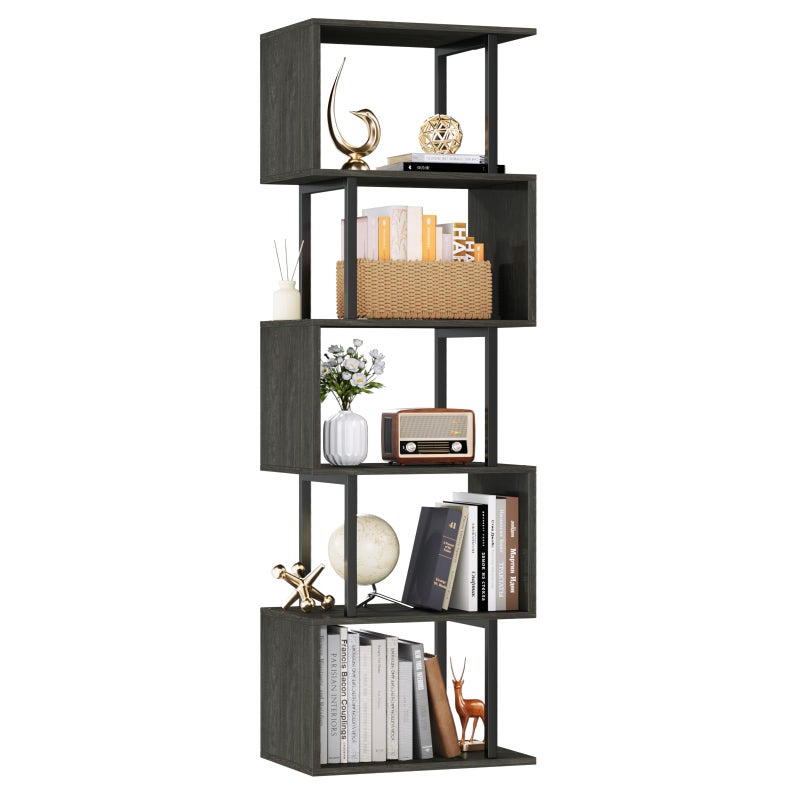 Furologee 6 Tier Bookshelf Tall Geometric Bookcase, S Shaped Industrial Display Standing Shelf, Metal and Wood Decorative Storage Room Divider Rack for Bedroom, Living Room, Office, Light Black Oak - Image 1
