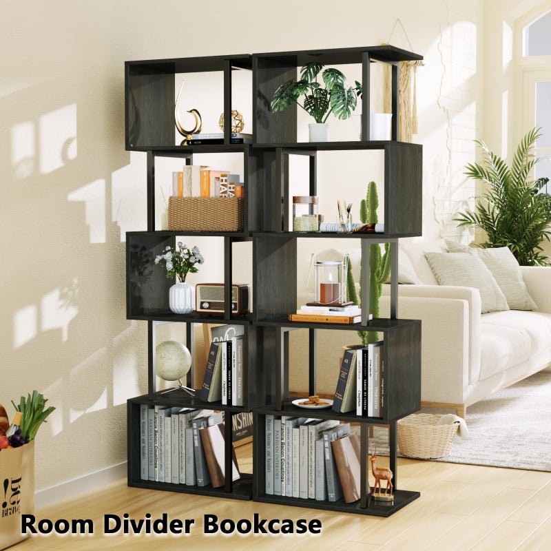 Furologee 6 Tier Bookshelf Tall Geometric Bookcase, S Shaped Industrial Display Standing Shelf, Metal and Wood Decorative Storage Room Divider Rack for Bedroom, Living Room, Office, Light Black Oak - Image 3