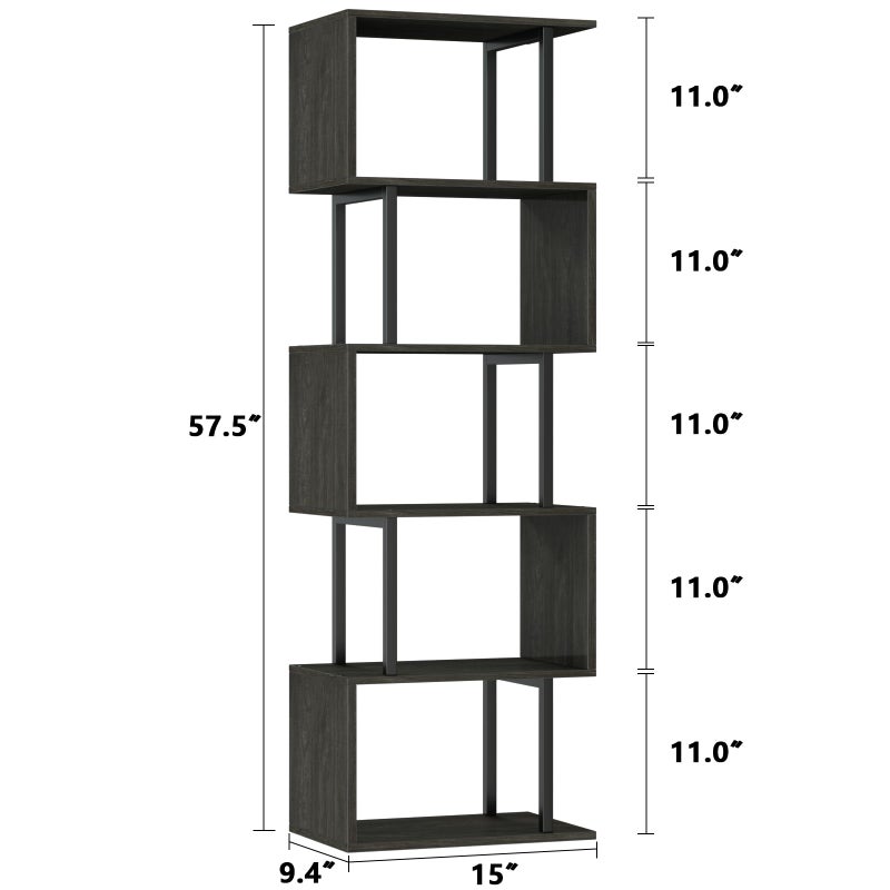 Furologee 6 Tier Bookshelf Tall Geometric Bookcase, S Shaped Industrial Display Standing Shelf, Metal and Wood Decorative Storage Room Divider Rack for Bedroom, Living Room, Office, Light Black Oak - Image 2