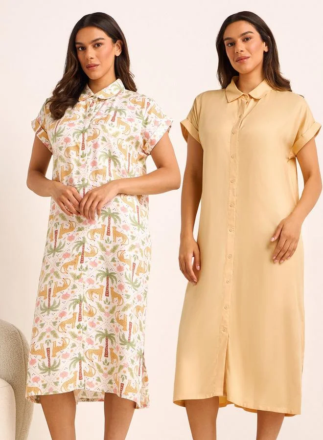 Splash FAV Midi Length Night Dress Short Sleeves Printed Viscose   Set of 2