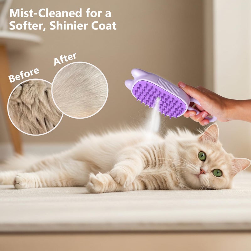 CXCHKK Rechargeable Cat Steam Brush with Mist Spray, 3-in-1 Pet Steam Brush for Long and Short Haired Cats and Small Dogs, Anti-Static, De-Shedding, Detangling, Massage, Purple Cat Design - Image 3