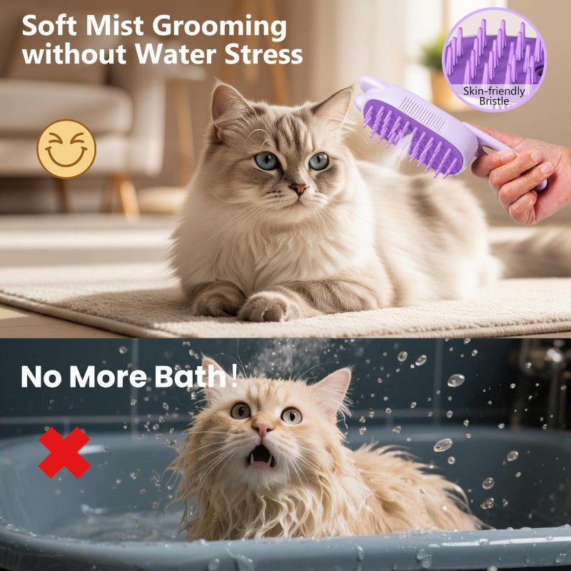 CXCHKK Rechargeable Cat Steam Brush with Mist Spray, 3-in-1 Pet Steam Brush for Long and Short Haired Cats and Small Dogs, Anti-Static, De-Shedding, Detangling, Massage, Purple Cat Design - Image 4