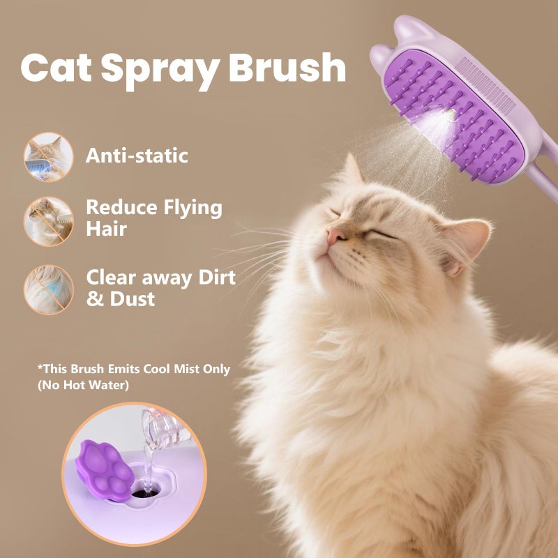 CXCHKK Rechargeable Cat Steam Brush with Mist Spray, 3-in-1 Pet Steam Brush for Long and Short Haired Cats and Small Dogs, Anti-Static, De-Shedding, Detangling, Massage, Purple Cat Design - Image 2