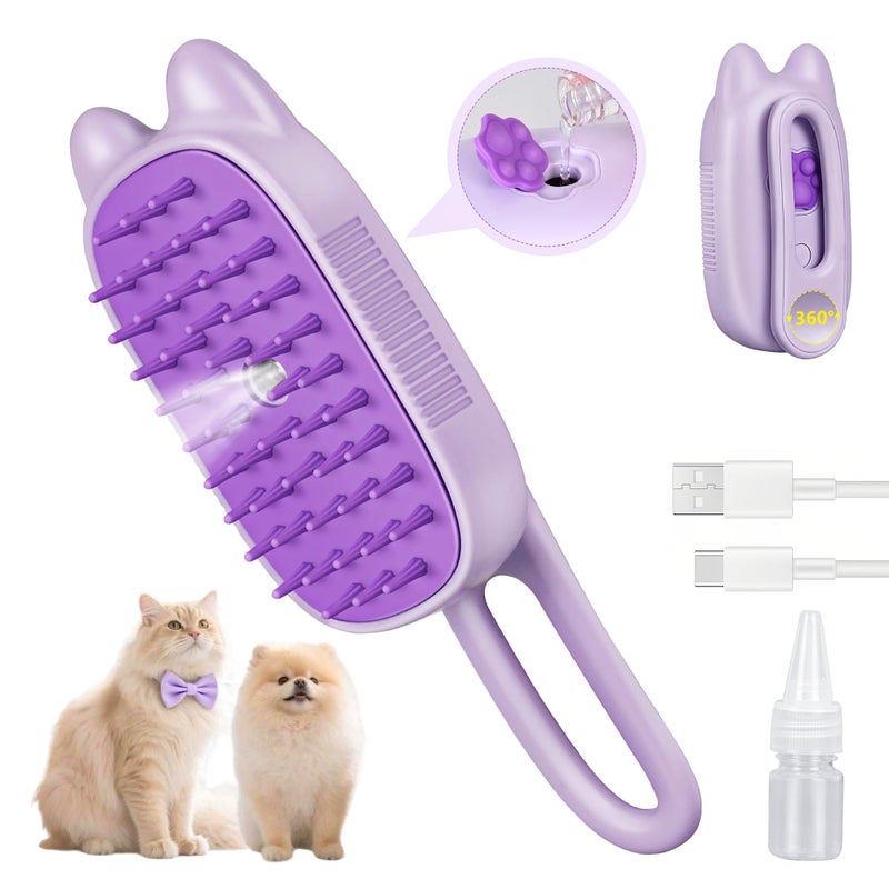 CXCHKK Rechargeable Cat Steam Brush with Mist Spray, 3-in-1 Pet Steam Brush for Long and Short Haired Cats and Small Dogs, Anti-Static, De-Shedding, Detangling, Massage, Purple Cat Design - Image 1