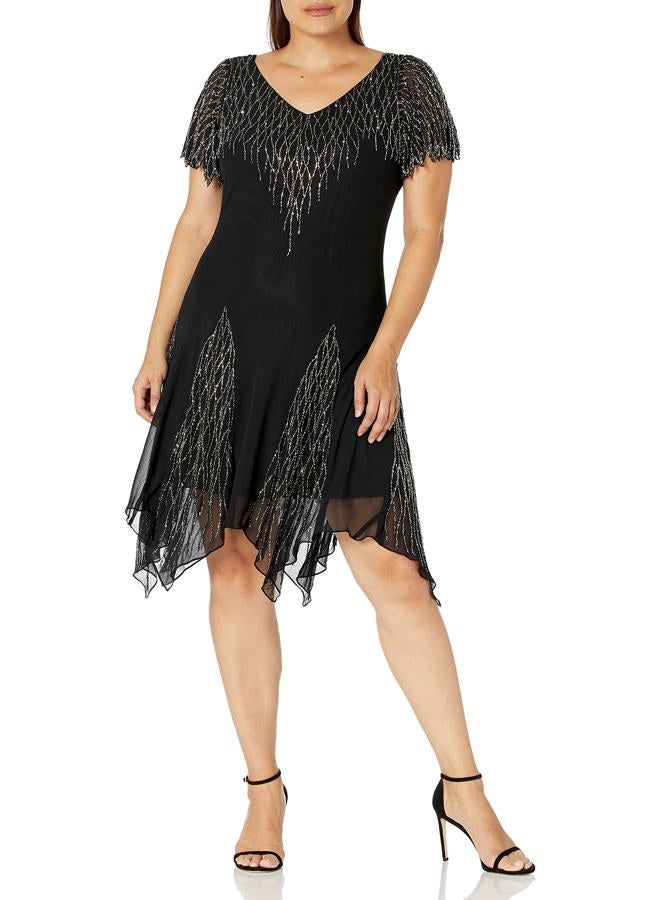 J Kara Women's Plus Size Short Beaded Dress Special Occasion, Black/Mercury, 24 Plus - Image 1