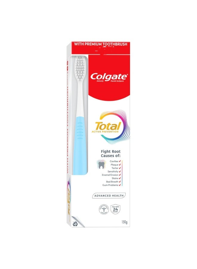 Colgate Total 150 Grams Advanced Health Antibacterial Toothpaste With 12-Hour Anti-Germ Protection & Enamel Protection for Whole Mouth Health, With A Premium Soft Toothbrush