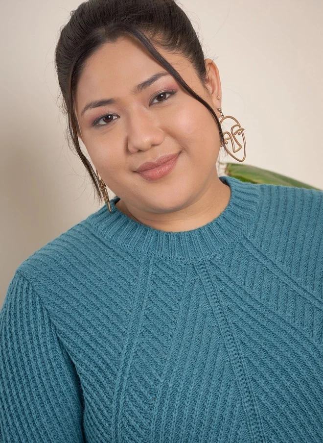 CURVY STREET Teal Cable Knit Pullover Sweater for Women