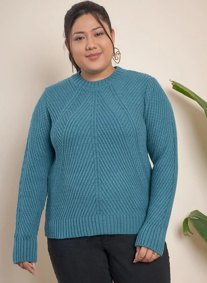 CURVY STREET Teal Cable Knit Pullover Sweater for Women
