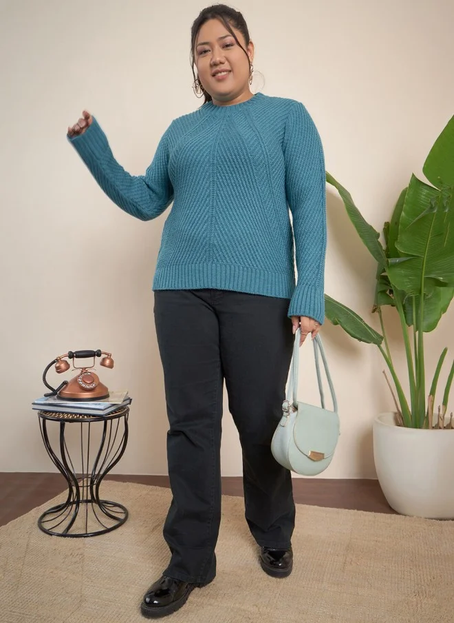 CURVY STREET Teal Cable Knit Pullover Sweater for Women