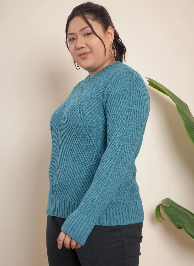 CURVY STREET Teal Cable Knit Pullover Sweater for Women