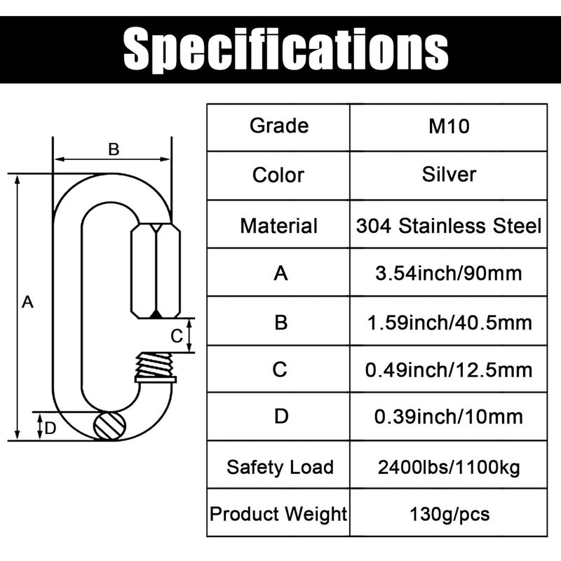 Anvin 2 Pack Large Quick Links M10 3/8 Inch Heavy Duty Carabiner Stainless Steel Chain Links Connector D Shape Locking Chain Hooks Repair Utility Screw Links for Camping Outdoor Equipment Hammocks - Image 5