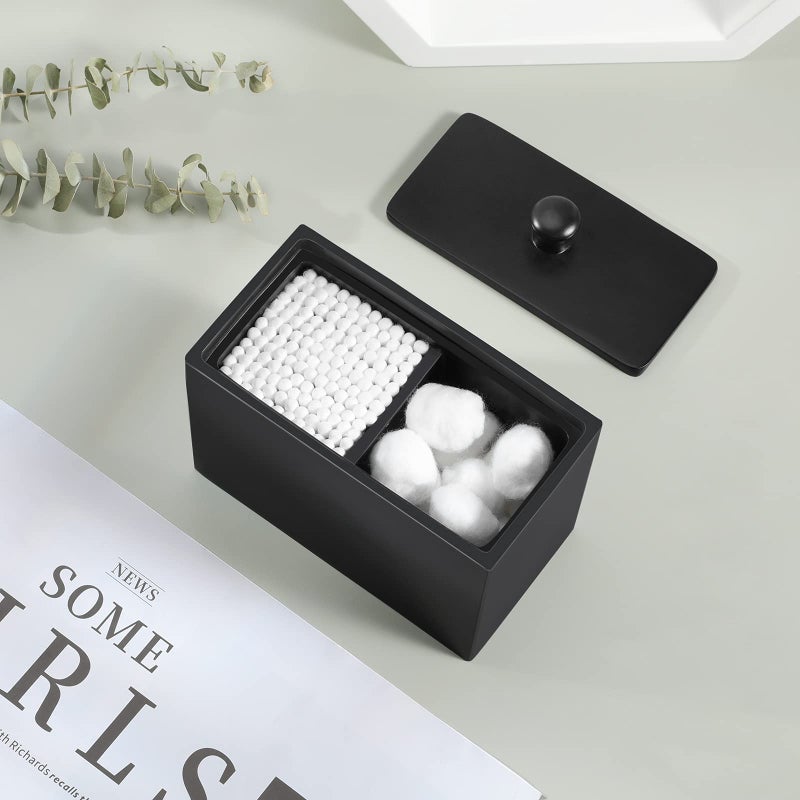 Luxspire Cotton Swab Holder, Qtip Holder Dispenser with Lid, 2 Compartments Cotton Ball Organizer, Bathroom Container, Q Tip Jar, Floss, Bathroom Accessories - Matte Black - Image 2