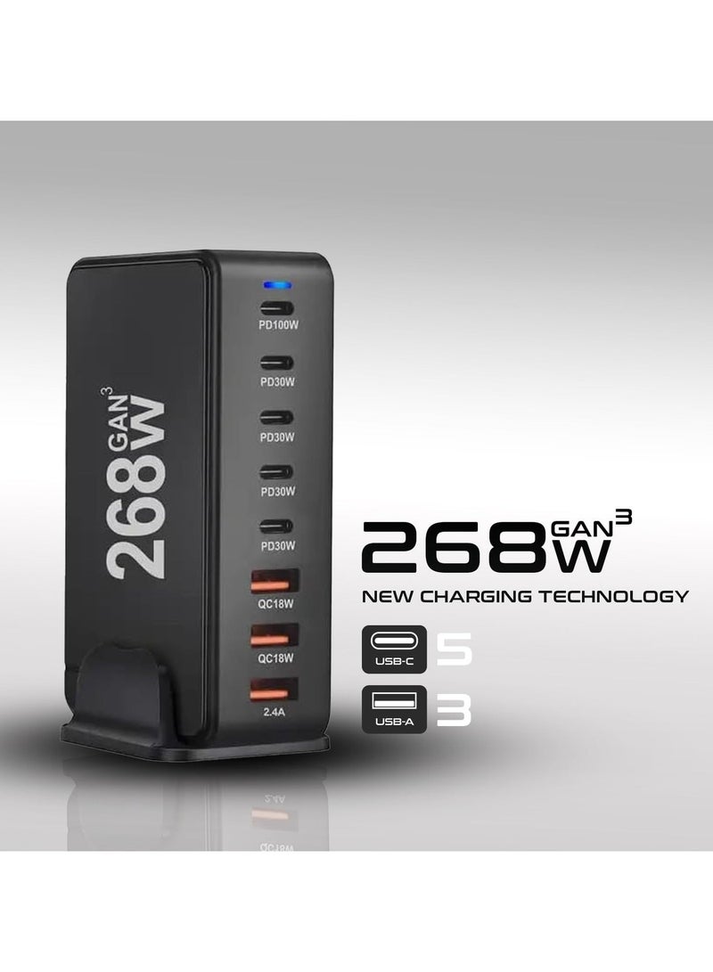 Chabeia 268W USB-C Charging Station, 8-Port USB Charging Station with 5 USB-C + 3 USB-A, Multiport Wall Charger Power Strip Adapter, Portable Charging Station Compatible with iPhone 16-12 Series, iPad Pro, MacBook, Galaxy, Pixel, Switch, Airpods, Huawei - Image 1