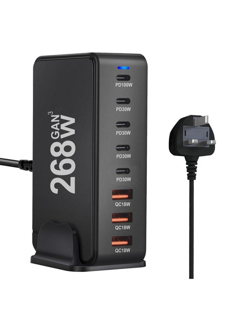 268W USB-C Charging Station, 8-Port USB Charging Station with 5 USB-C + 3 USB-A, Multiport Wall Charger Power Strip Adapter, Portable Charging Station Compatible with iPhone 16-12 Series, iPad Pro, MacBook, Galaxy, Pixel, Switch, Airpods, Huawei
