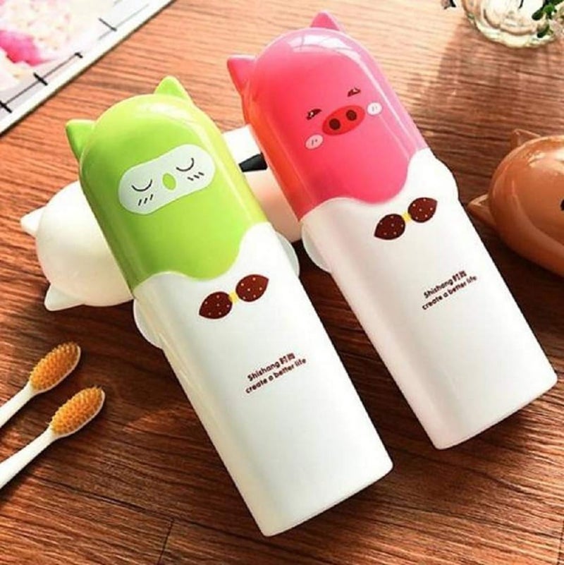 Mouly Portable Cartoon Animal Toothbrush Holder Box Plastic Tooth Mug Plastic Toothpaste Case Multicolor Pack of 2 - Image 1