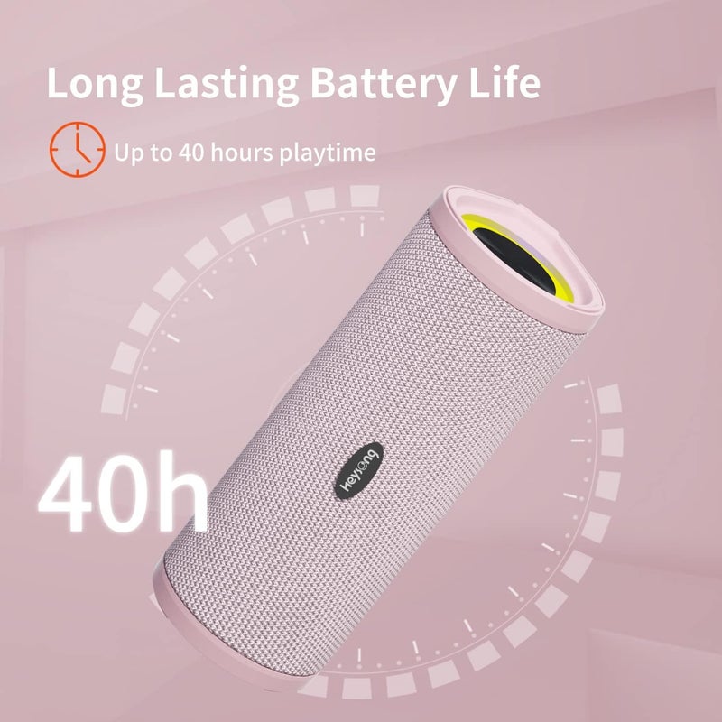 HEYSONG Portable Bluetooth Speaker, Waterproof Wireless Outdoor Speakers with LED Light, Enhanced Bass, IPX7 Floating, 40H Play, TF Card, True Wireless Stereo for Party, Shower, Gifts for Women - Pink - Image 3