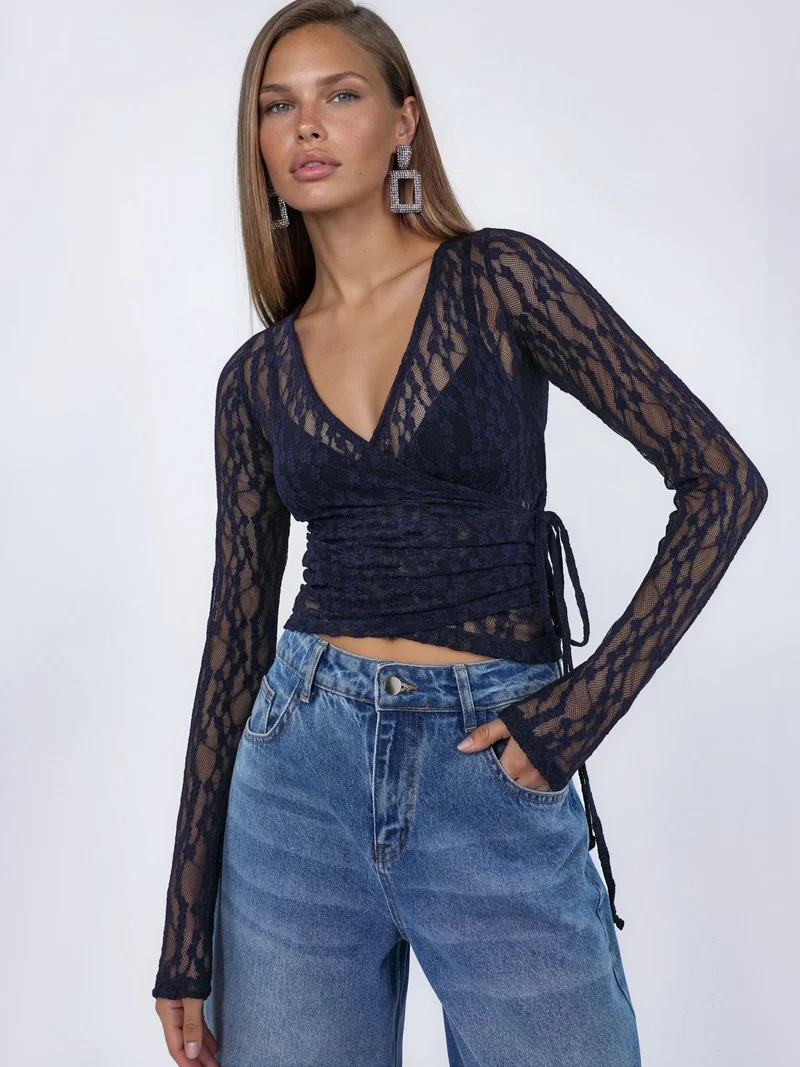 بوسيم BUSEM Crop Lace V-neck Blouse with Tie Detail