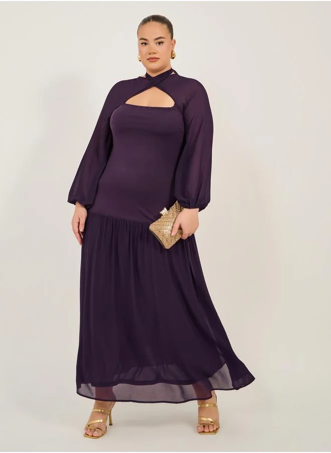 Styli Plus Size Purple Solid Cut Out A-Line Maxi Dress
