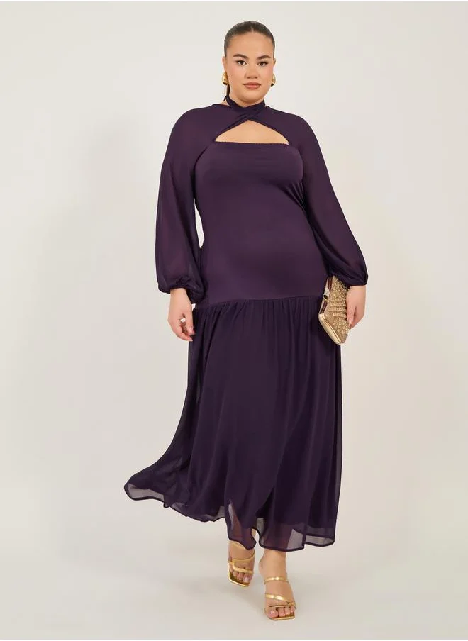 Styli Plus Size Purple Solid Cut Out A-Line Maxi Dress