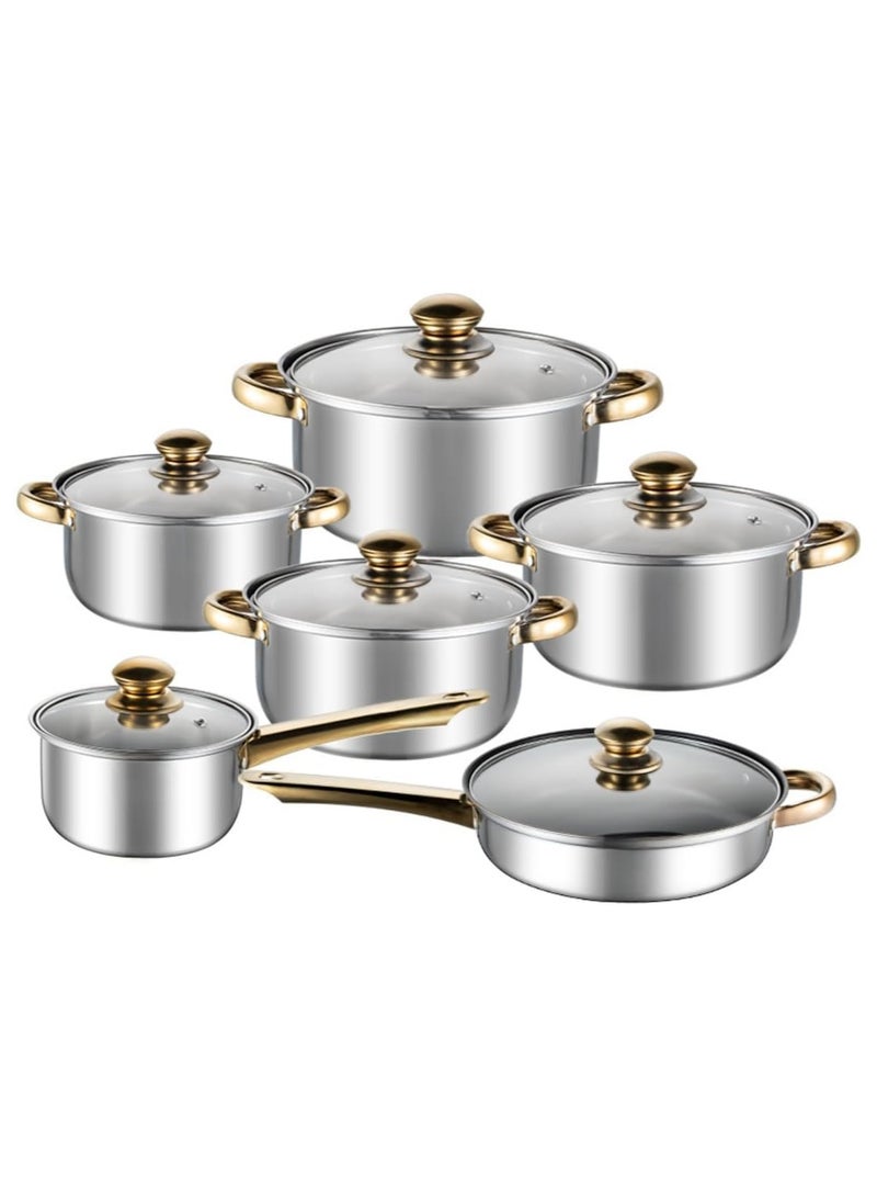 اكسيسن طقم أواني طهي 12 قطعة من الفولاذ المقاوم للصدأ، طقم أواني ومقالي من الفولاذ المقاوم للصدأ لأفران الحث الكهرومغناطيسي ومواقد الغاز - Image 1