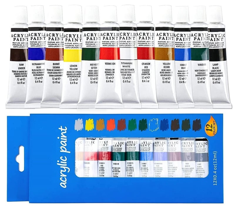 Corslet Acrylic Paint Tubes Set of 12 Colors (12ml Each) | Multi Color Acrylic Paint Set | Non-Toxic Paint Set For Artists, Kids & Adults | Creative Paint Ideal For Canvas, Painting, & Posters - Image 1