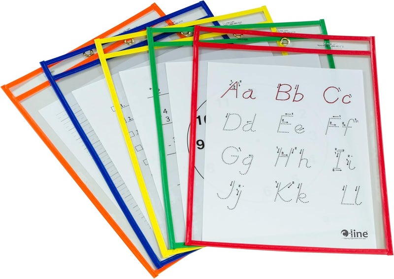 C-Line Reusable Dry Erase Pockets, 9 x 12 Inches, Assorted Primary Colors, 5 Pockets per Pack - Image 1