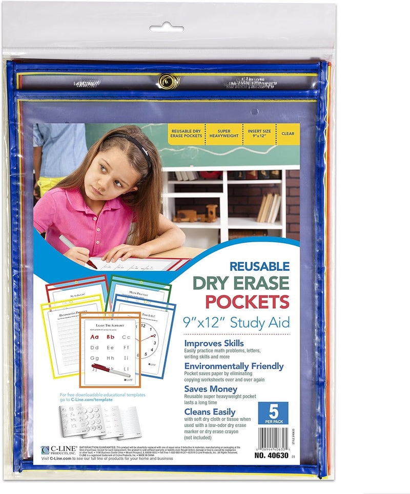 C-Line Reusable Dry Erase Pockets, 9 x 12 Inches, Assorted Primary Colors, 5 Pockets per Pack - Image 2