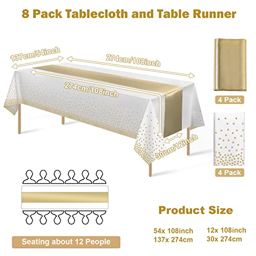 MASHAN 8Pack Disposable Plastic Tablecloths and Satin Table Runner Set White and Gold Dot Tablecloth Gold Satin Table Runner for Wedding Birthday Baby Shower Anniversary Christmas New Year Party Decorations - Image 2