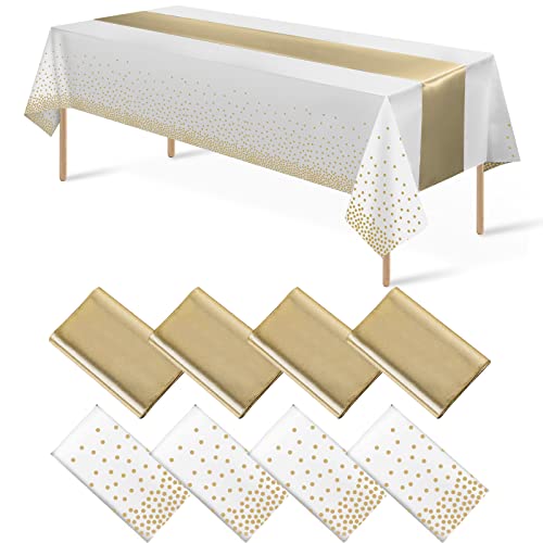 MASHAN 8Pack Disposable Plastic Tablecloths and Satin Table Runner Set White and Gold Dot Tablecloth Gold Satin Table Runner for Wedding Birthday Baby Shower Anniversary Christmas New Year Party Decorations - Image 1